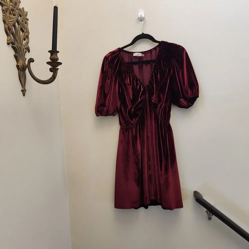 Georgie Red Velvet Mini Dress Puffed Sleeve Romantic Valentines Date Night Vamp - Picture 2 of 11